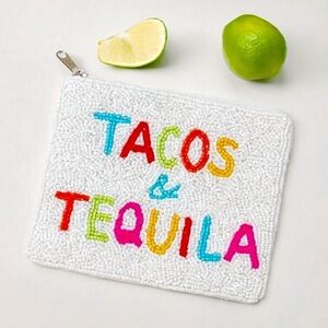 NWT Tacos & Tequila Beaded Coin Purse White Multicolor Zip SHIRDEE Clutch Pouch